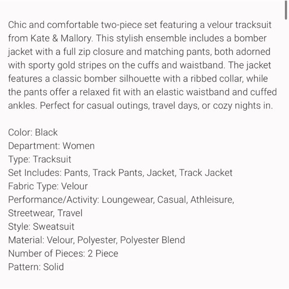 Kate & Mallory Women’s Velour Tracksuit Bomber Jacket and Track Pants size S - Picture 6 of 6